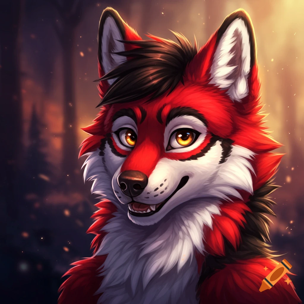 Red, black, and white furry wolf character.