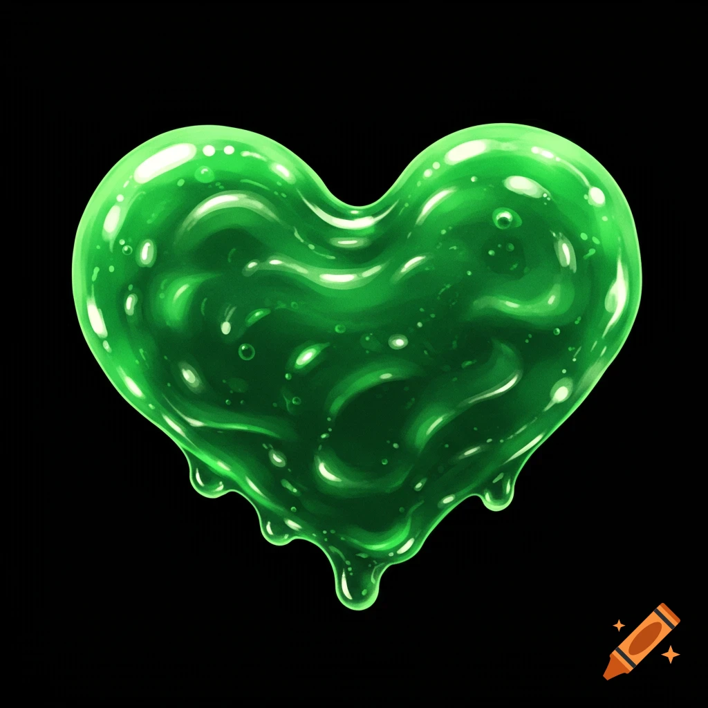 A dripping green heart made of flubber or slime on a black background.