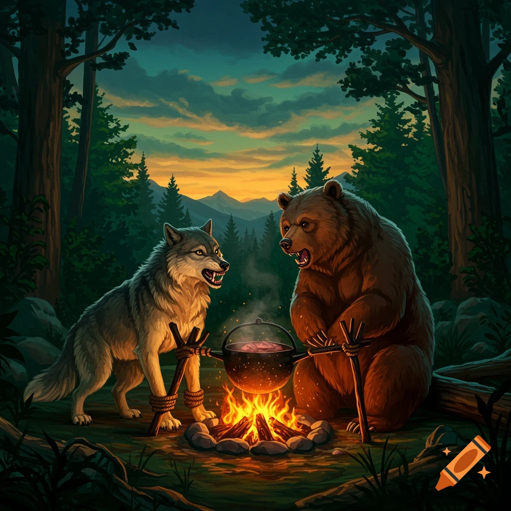 Fantasy image of a wolf and bear cooking over a campfire in a forest at sunset.