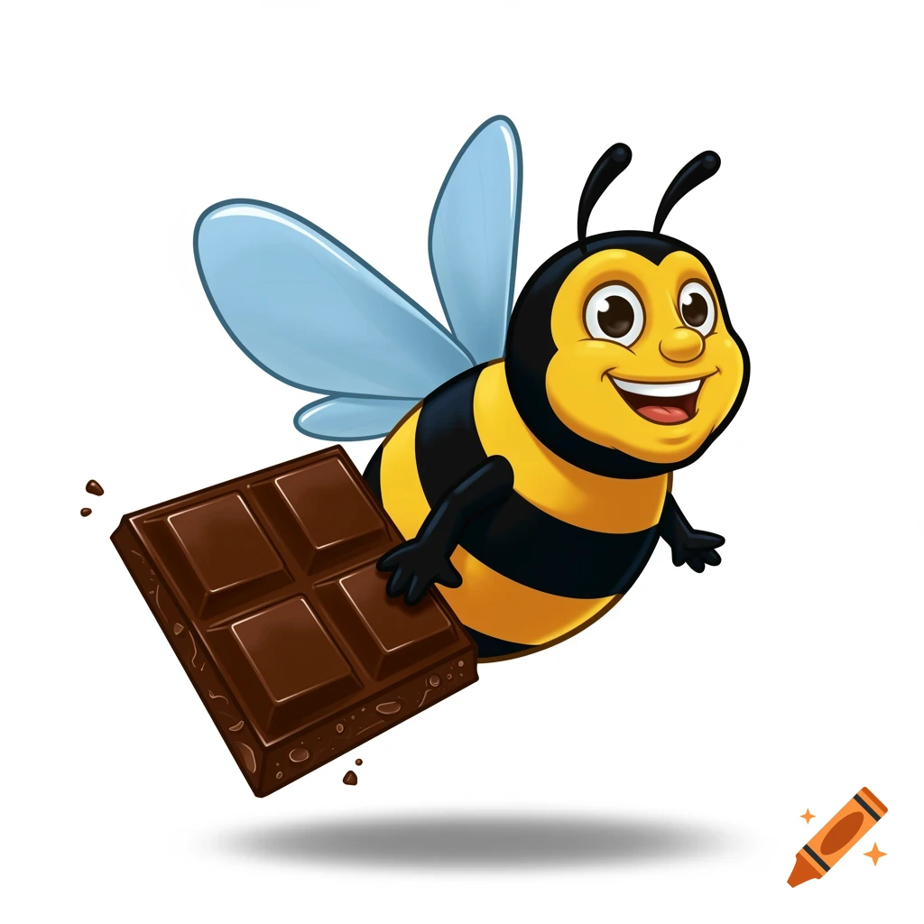 Cartoon illustration of a happy bee flying and holding a chocolate bar.