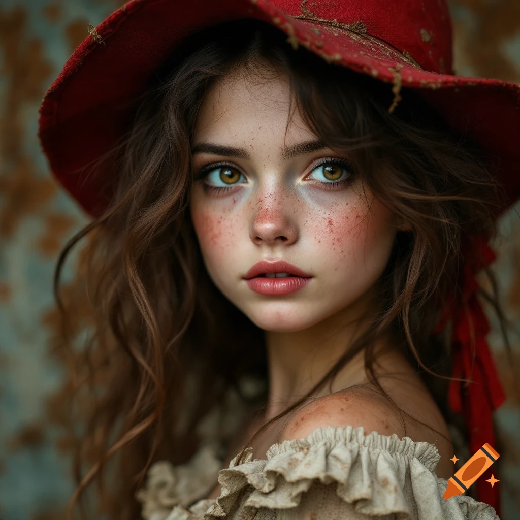 A photorealistic portrait of a young girl with freckles, brown hair, and a red hat, wearing a tattered dress.