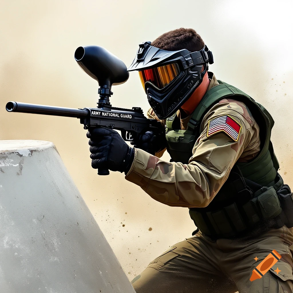 Person in camouflage gear and mask playing paintball with a marker rifle outdoors.