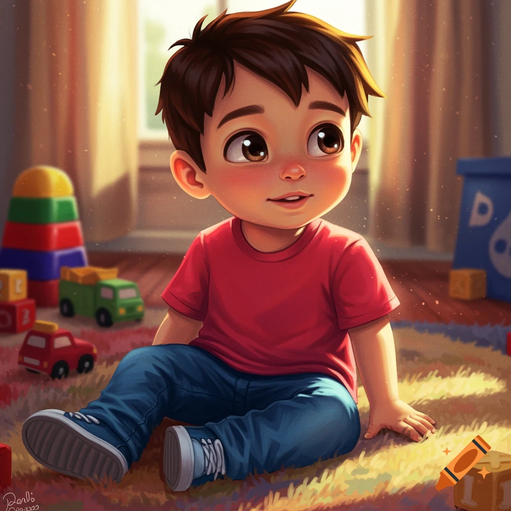 A cheerful young boy is sitting on a rug, surrounded by toys in a sunny playroom.