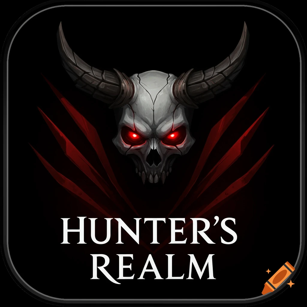 Game icon featuring a horned skull with red eyes and sharp red shapes, with the text 'HUNTER'S REALM' below.