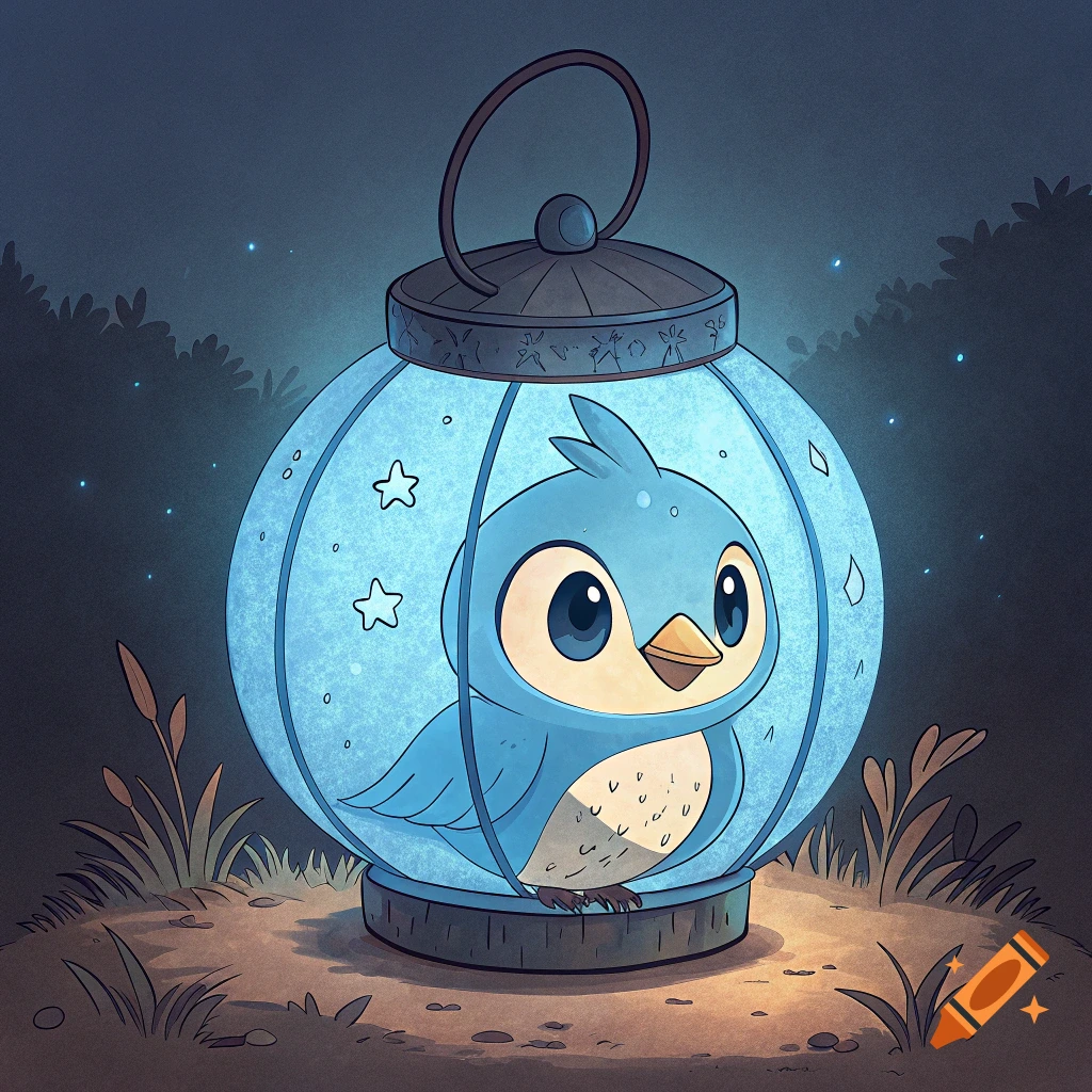 Cute cartoon blue bird sits inside a glowing blue glass lantern at night.