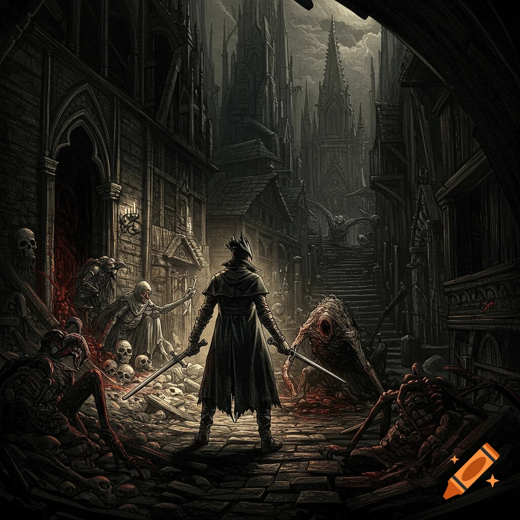 A hunter faces monsters and skeletons in a dark, gothic city street, in a chiaroscuro style.