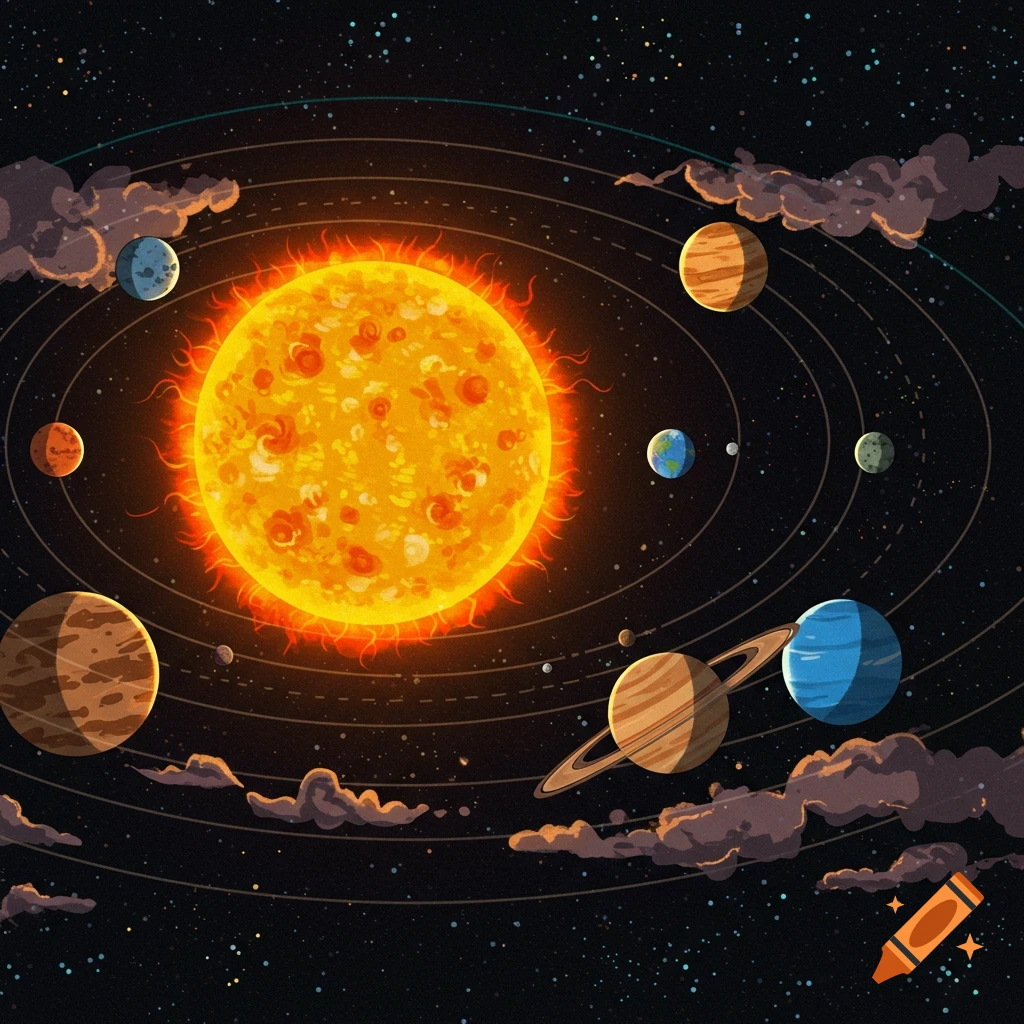A colorful image of the solar system with the sun and planets orbiting around it.