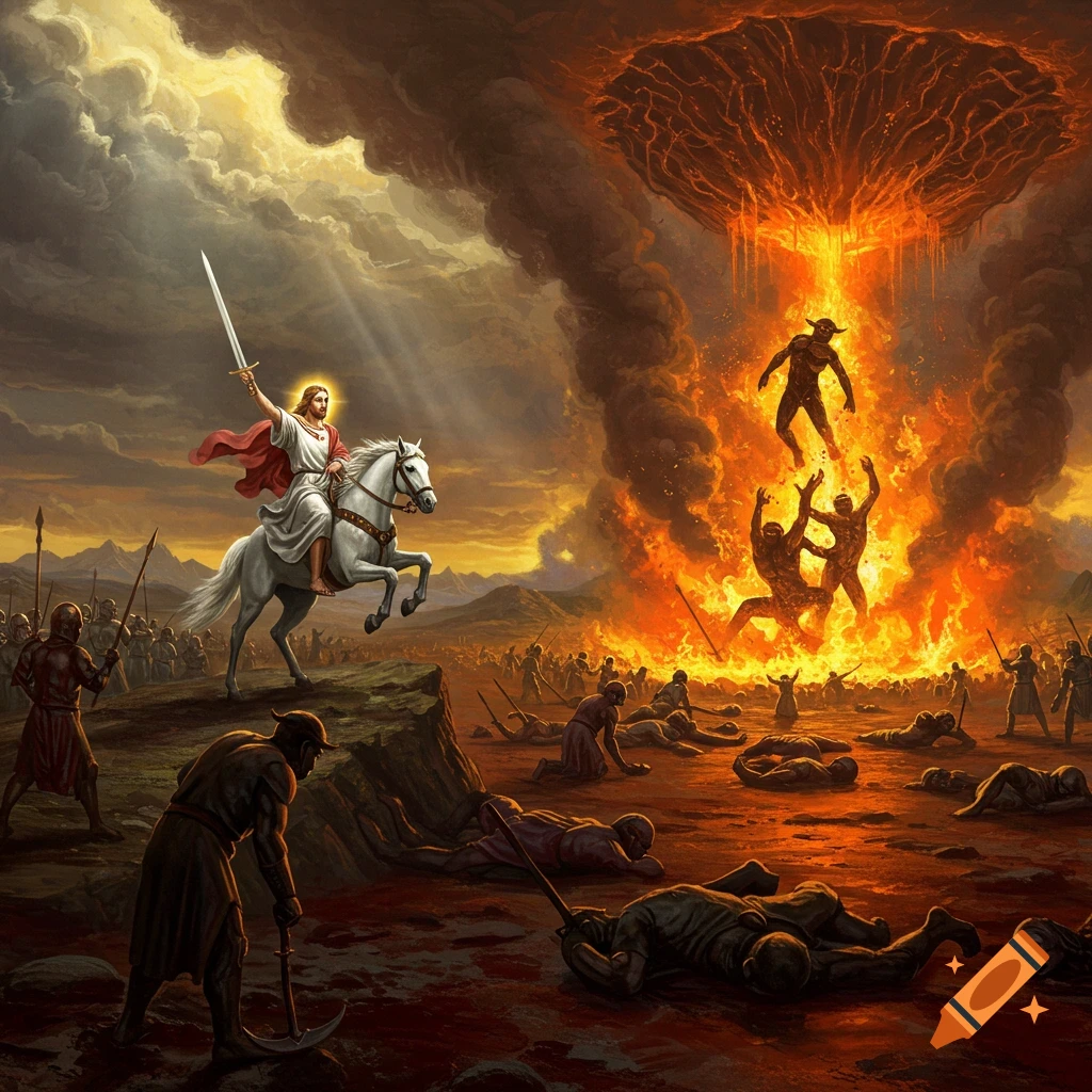 A figure on a white horse leads an army against figures in fire.