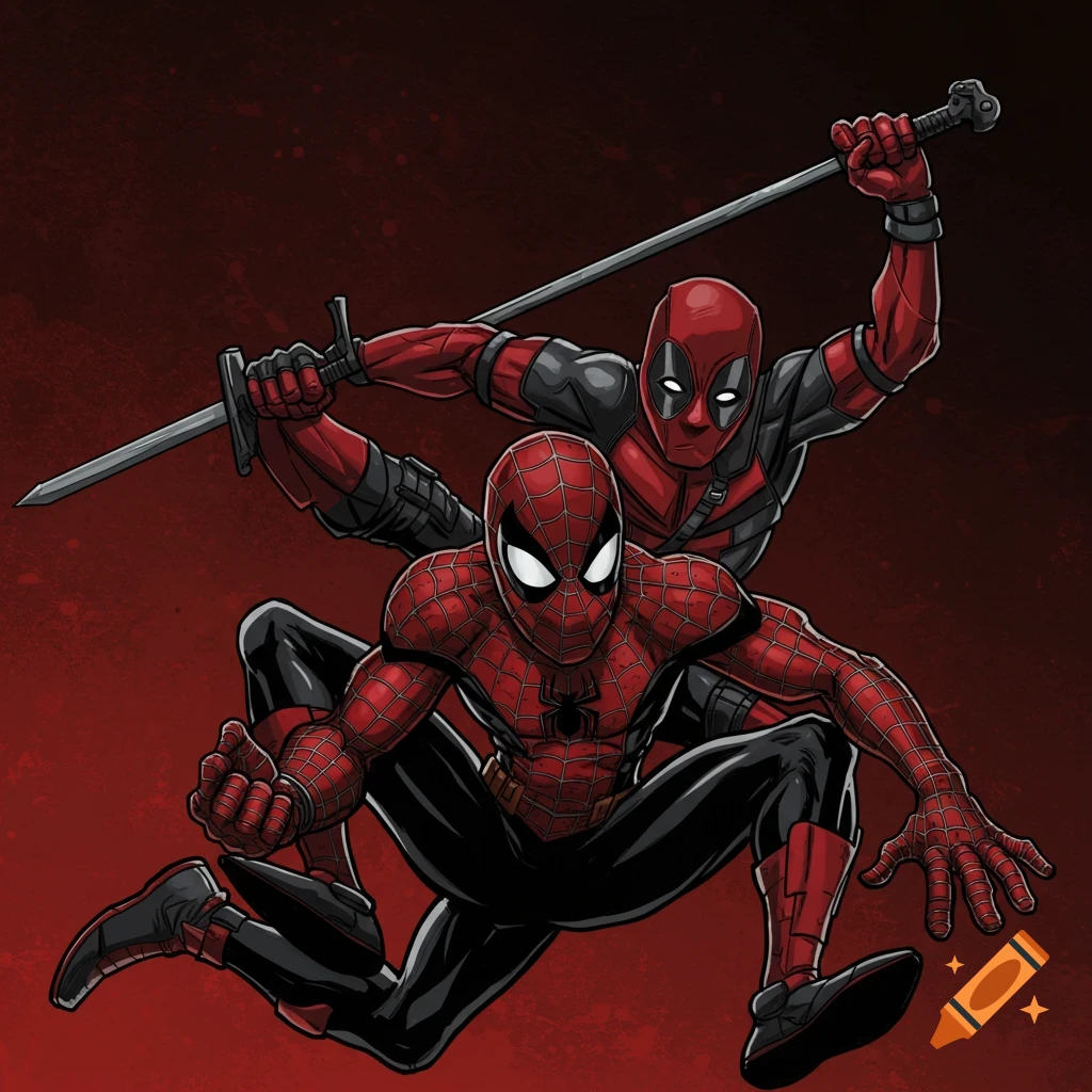 Spider-Man and Deadpool in dynamic poses, one with a sword, comic style digital illustration.