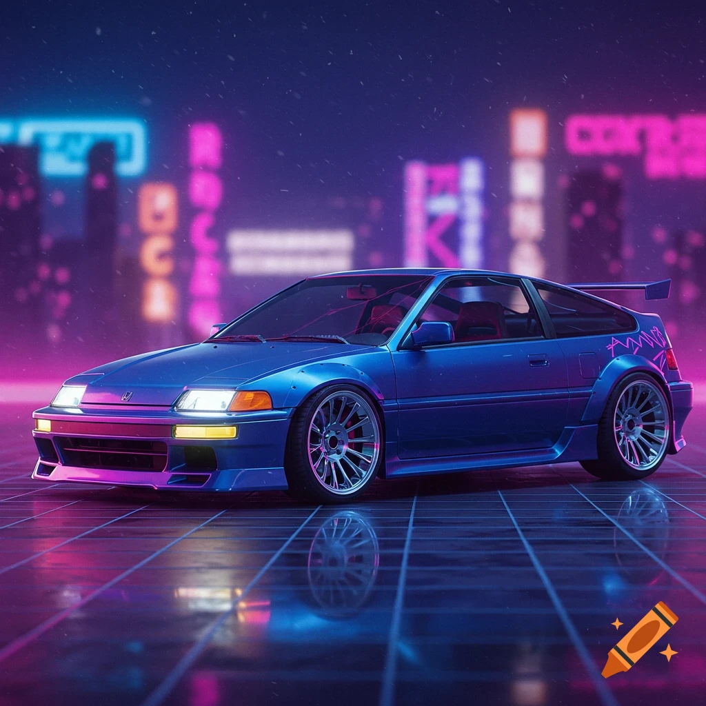 A blue customized sports car in a futuristic neon city landscape.