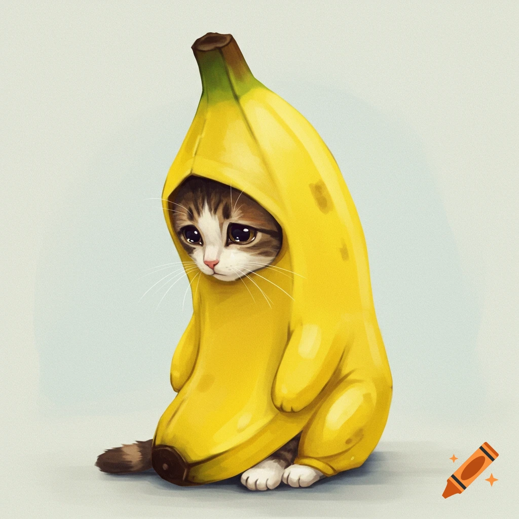 Sad cat wearing a banana costume