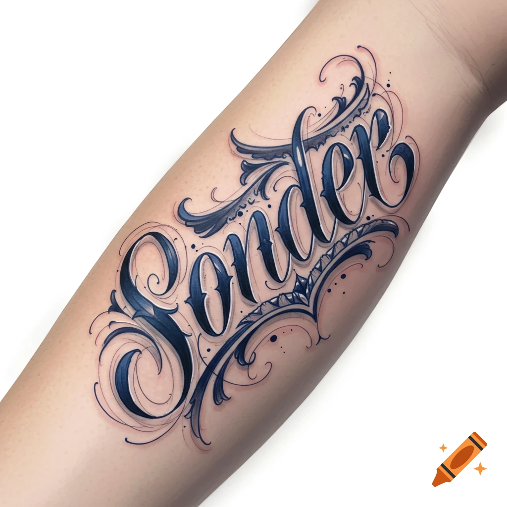 Calligraphic tattoo of the word Sonder on an arm.