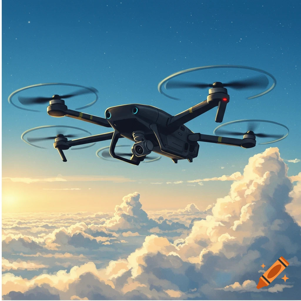 a drone flying high above clouds at sunset.