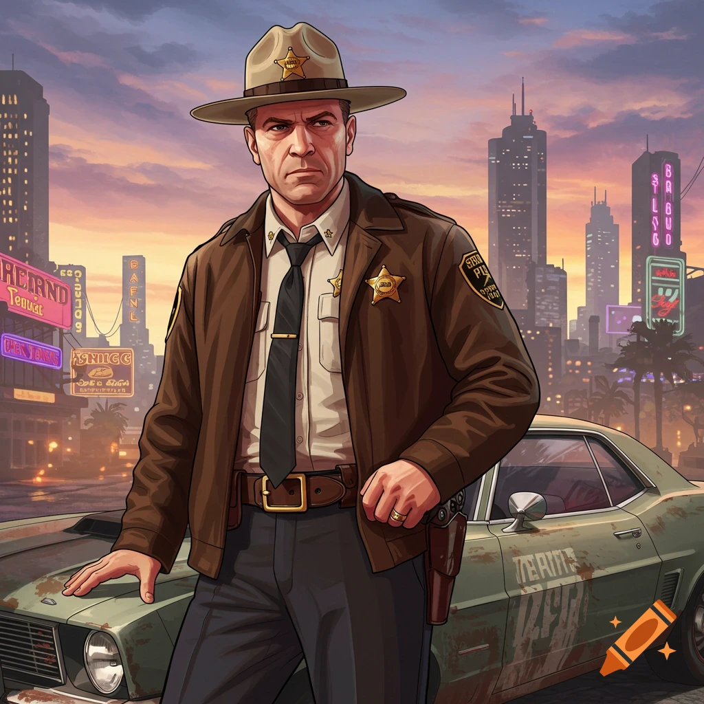 A sheriff stands next to a car in a city at sunset, in a GTA style.
