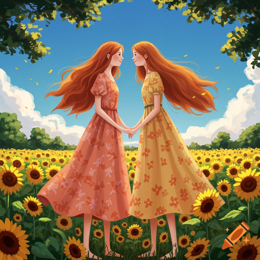Two girls in floral dresses hold hands in a field of sunflowers under a blue sky.