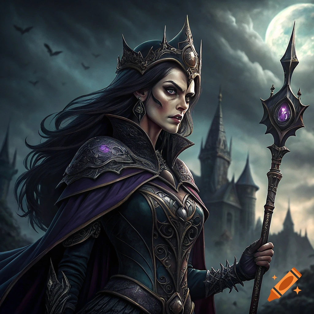 A dark fantasy queen with a crown and staff stands before a castle under a moonlit sky.