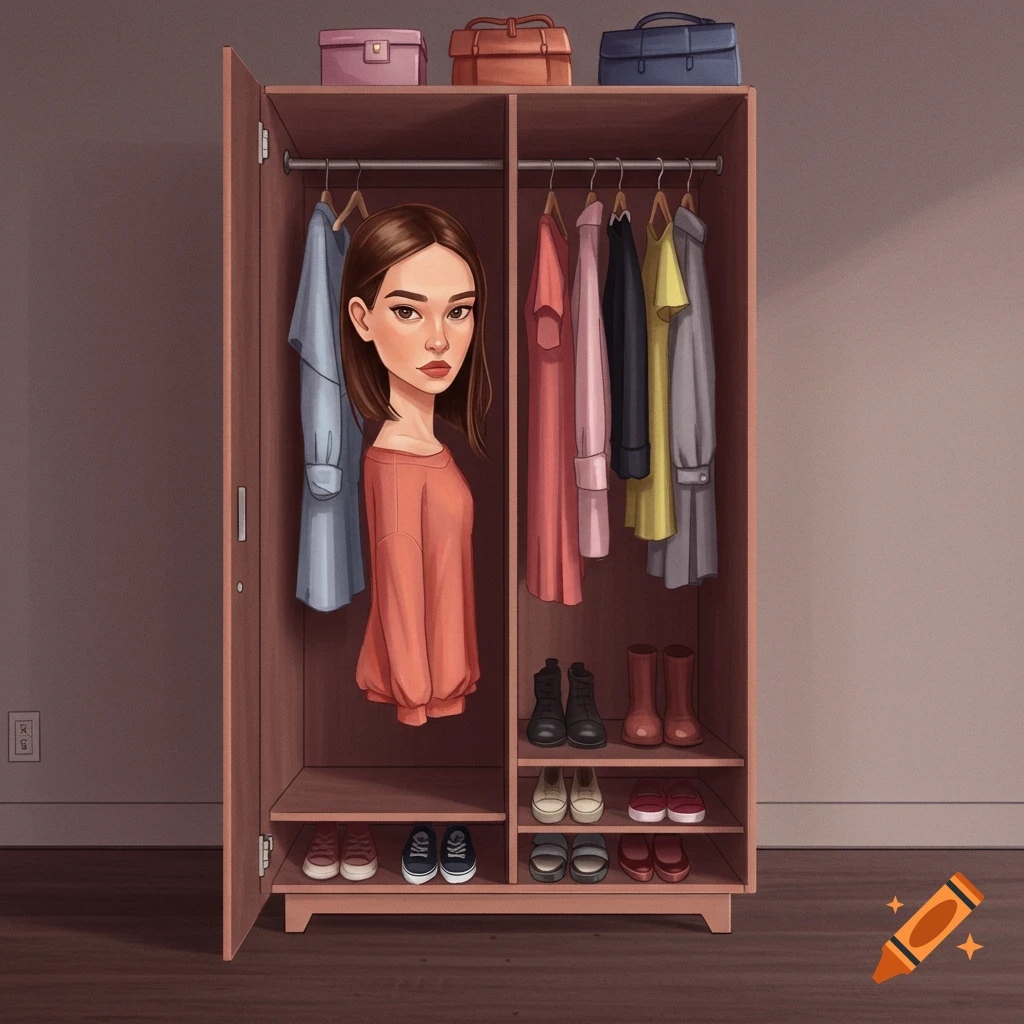 Illustration of a woman standing inside a wardrobe filled with clothes and shoes.