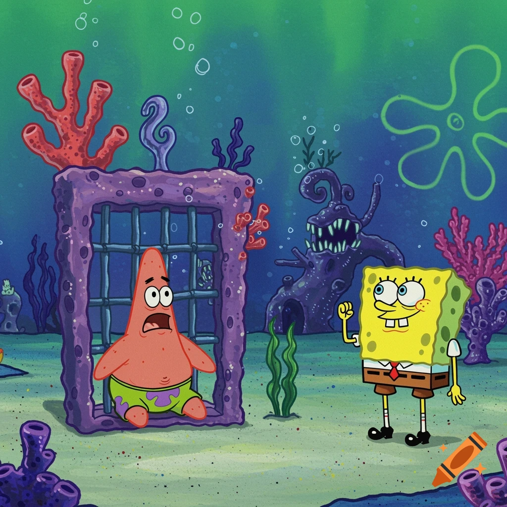 Spongebob stands outside a coral cage where Patrick is trapped in an underwater scene in Spongebob Squarepants style.