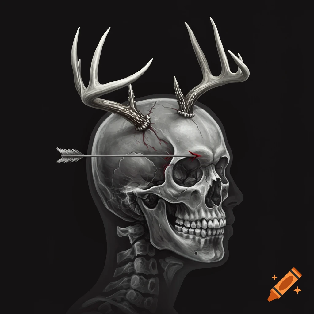 A human skull with whitetail antlers and an arrow through the eye socket, against a dark background.