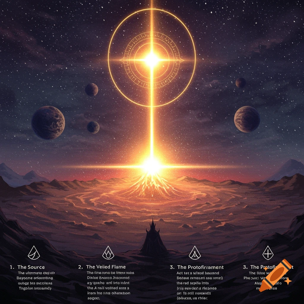 Cosmic scene with a bright source, planets, mountains, and glowing lines, with diagrams and illegible text blocks at the bottom.