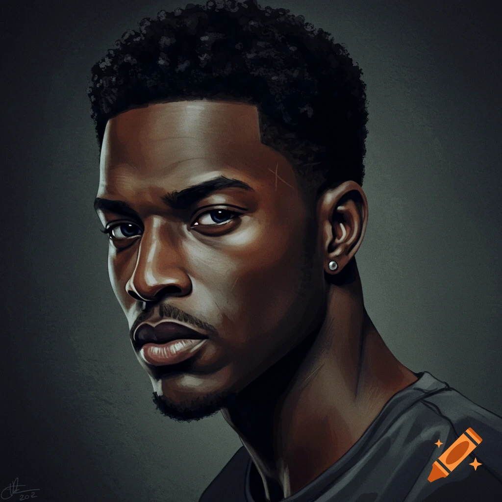 A portrait of a young Black man with blue eyes and a goatee, looking towards the viewer.