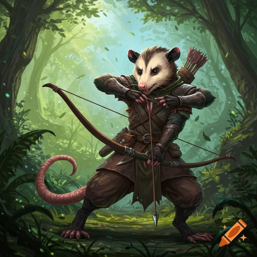 An opossum ranger aiming a longbow in a forest.