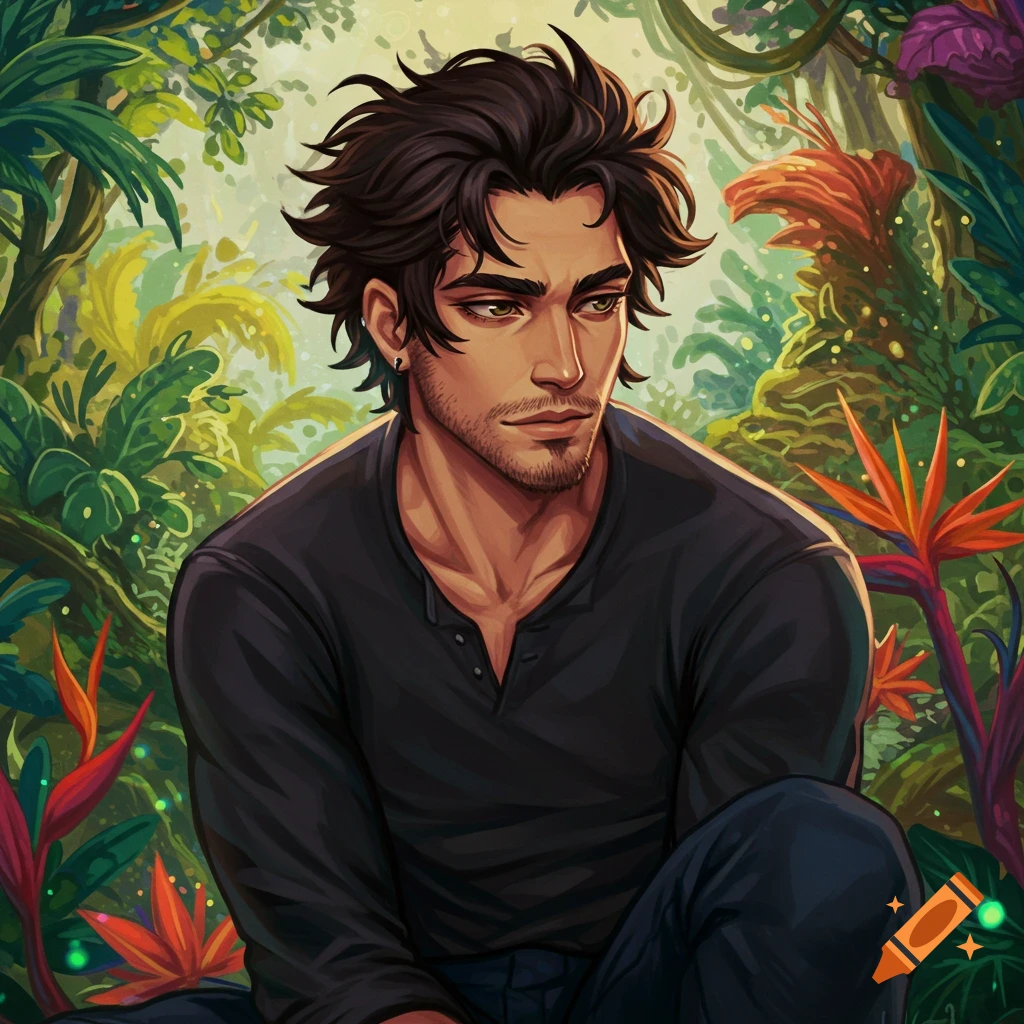 A man with dark messy hair sits in a lush jungle.