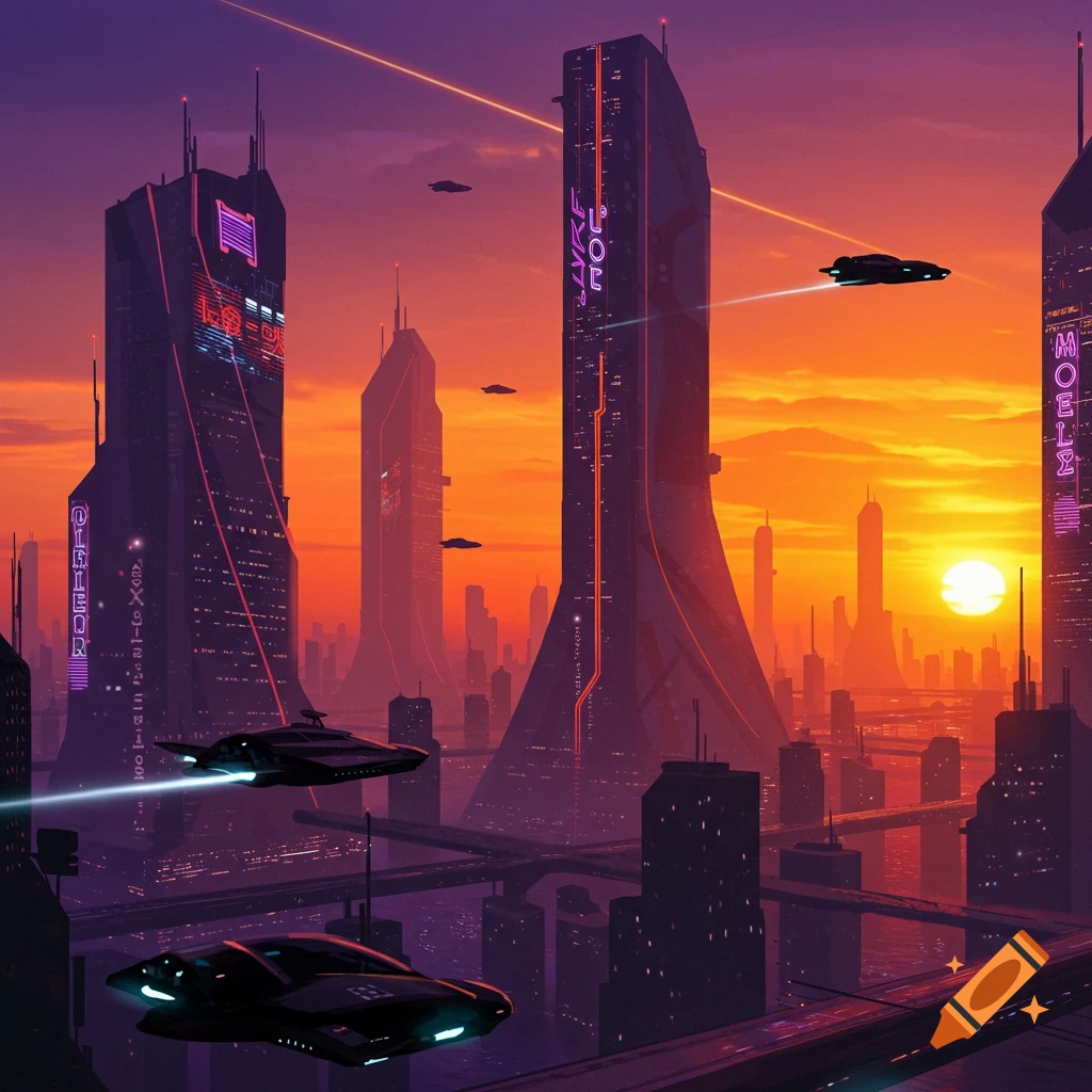Futuristic city skyline at sunset with flying vehicles.