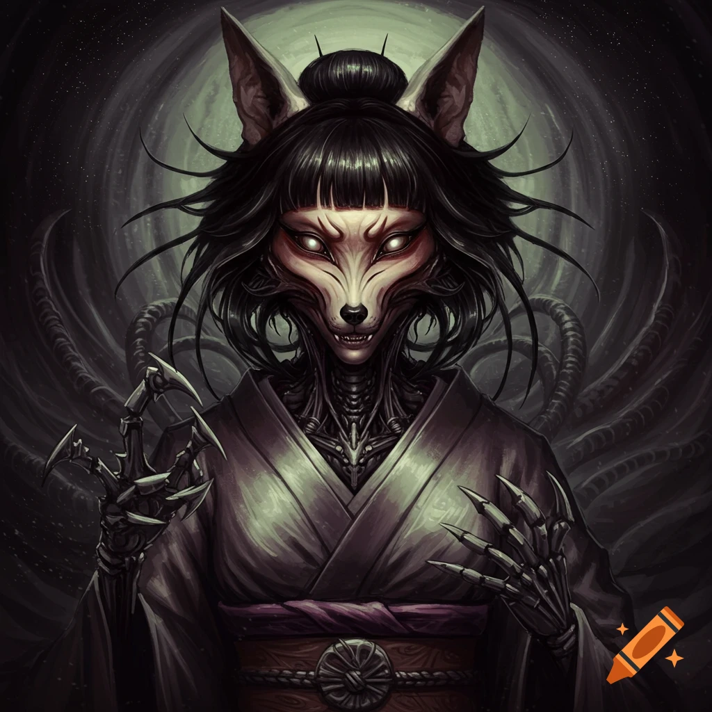 A dark image of a humanoid creature with a fox face, glowing eyes, mechanical neck and hands, wearing a kimono.