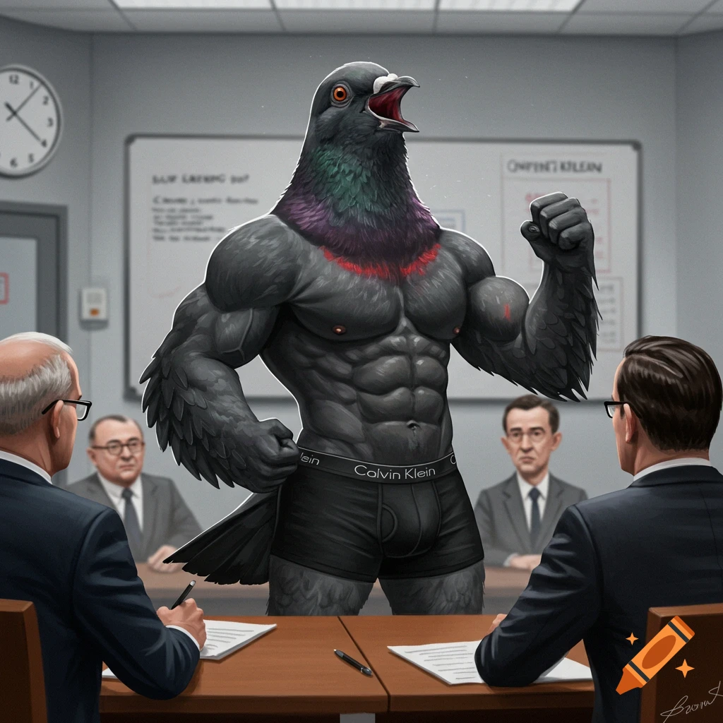 A muscular, anthropomorphic pigeon in black boxers is shouting at men in suits in a meeting room.