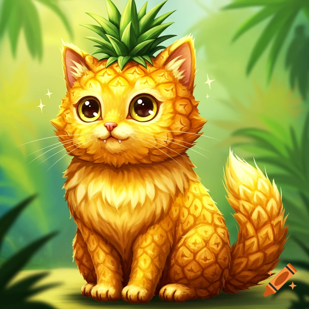 A cute cat made of pineapple sitting in a lush green setting.
