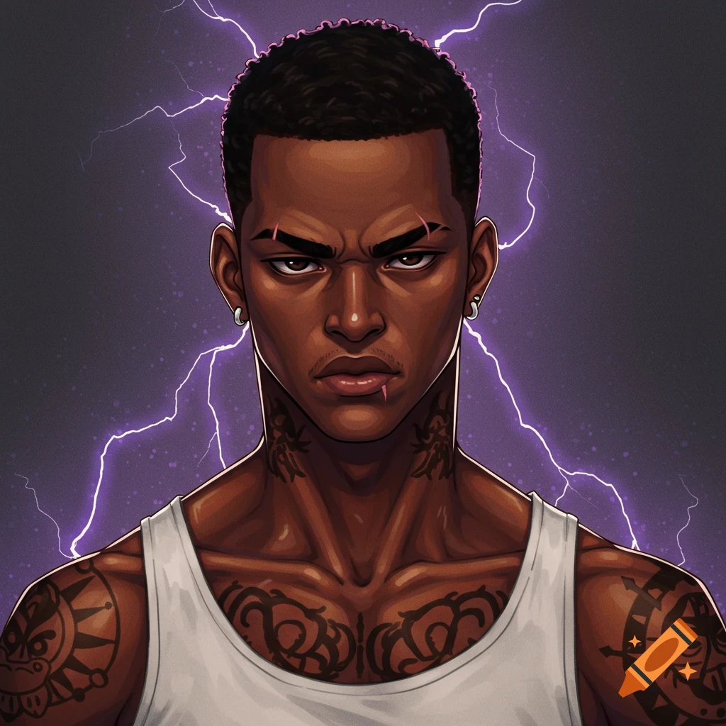 Anime style portrait of a muscular black man with tattoos, stud earrings, and a scowl, against a purple background with lightning.
