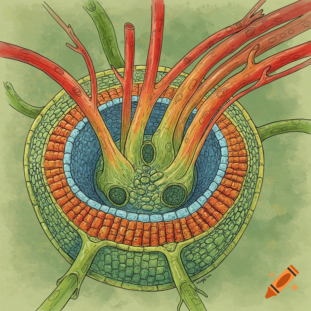 Illustration of a cross-section of plant vascular tissue with red, orange, blue, and green layers.