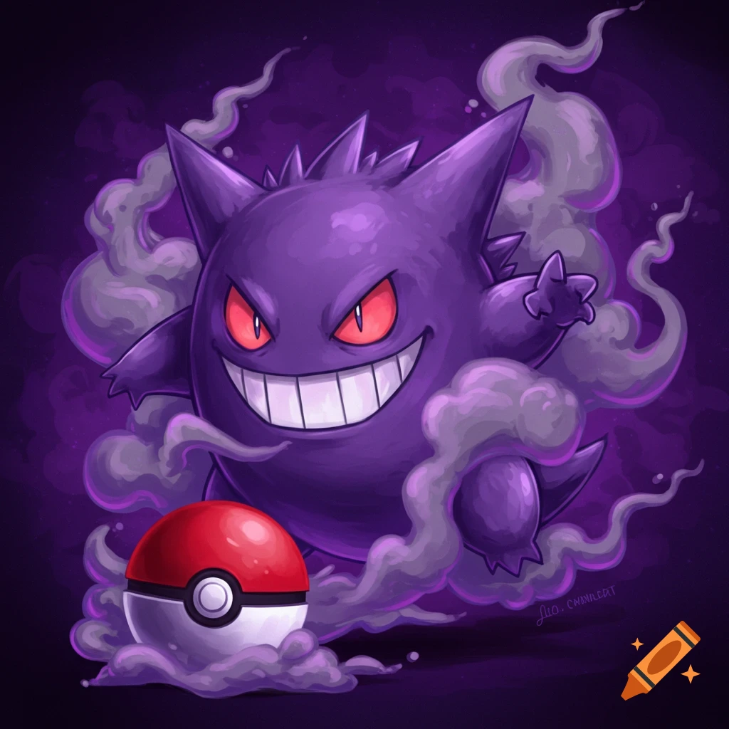 Gengar surrounded by purple smoke with a Pokeball in the foreground.