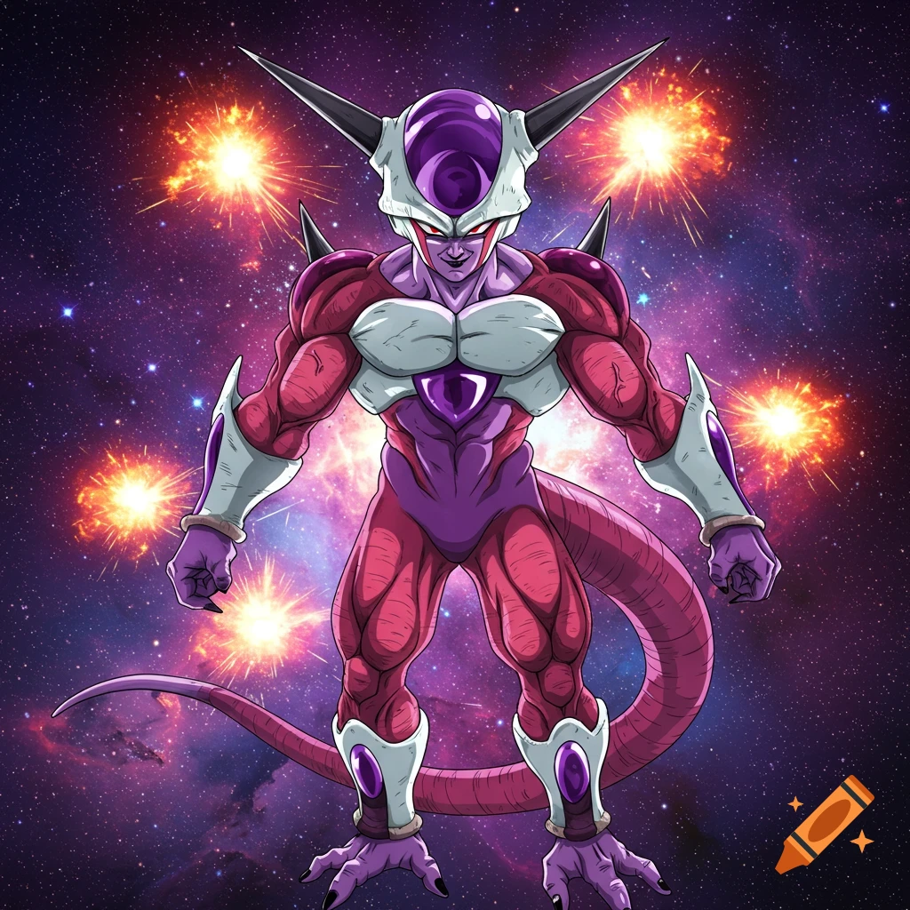 An anime-style character resembling Frieza in space amidst explosions.
