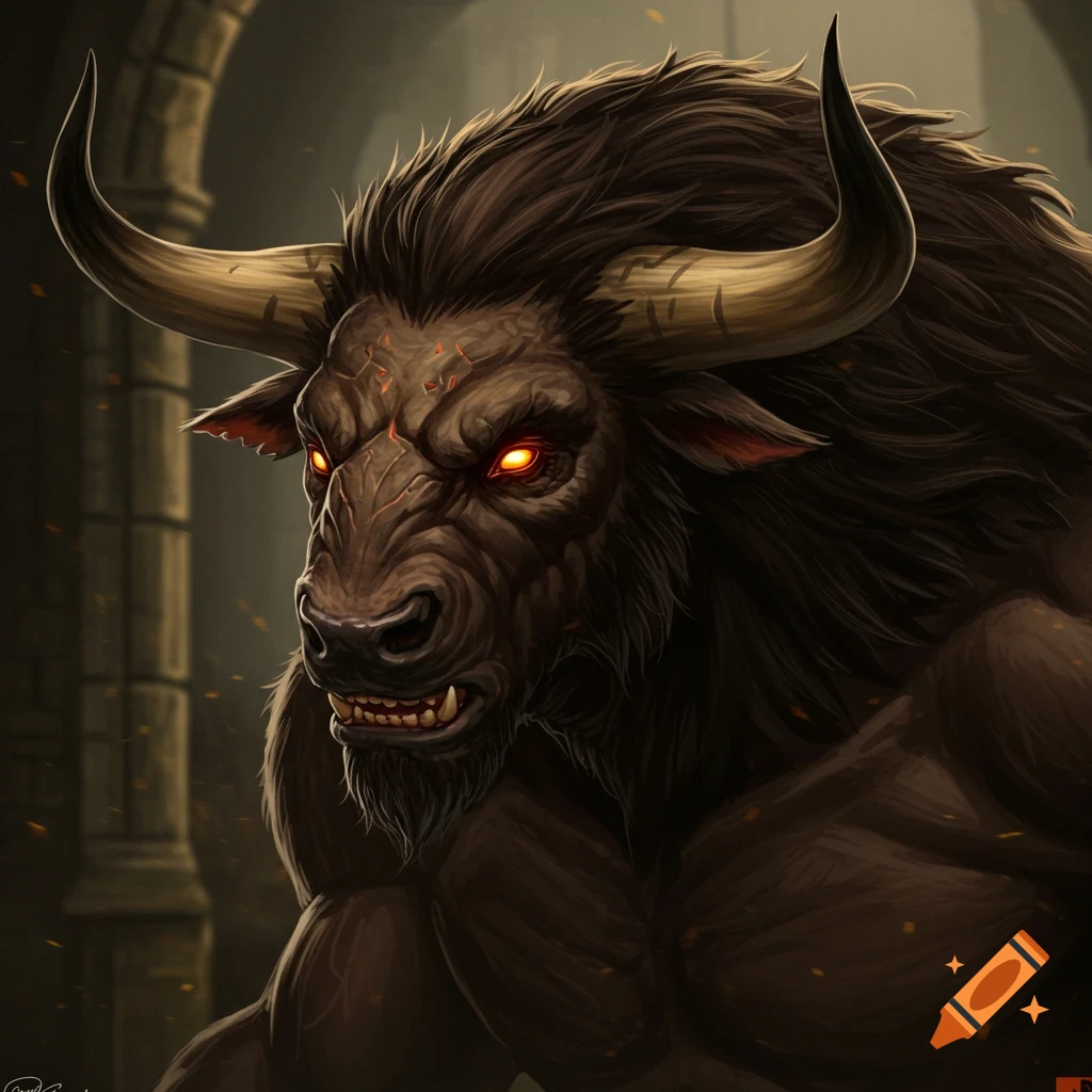 Close-up of a muscular minotaur with glowing eyes and large horns in a dark stone setting.