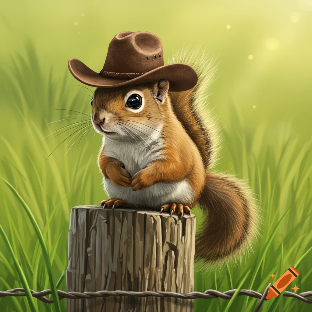 A cute squirrel wearing a cowboy hat is sitting on a wooden post in a field.