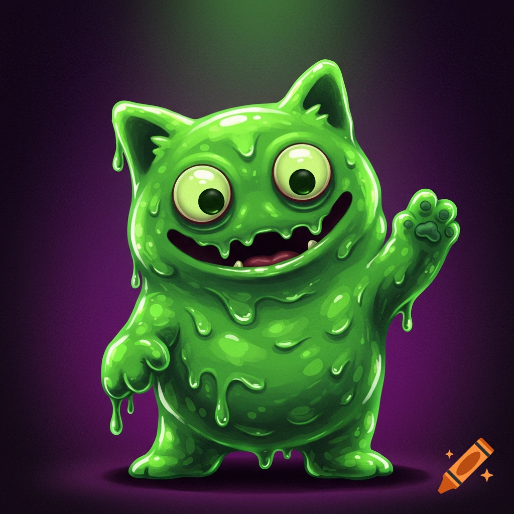 A cartoon illustration of a green slime cat monster waving.