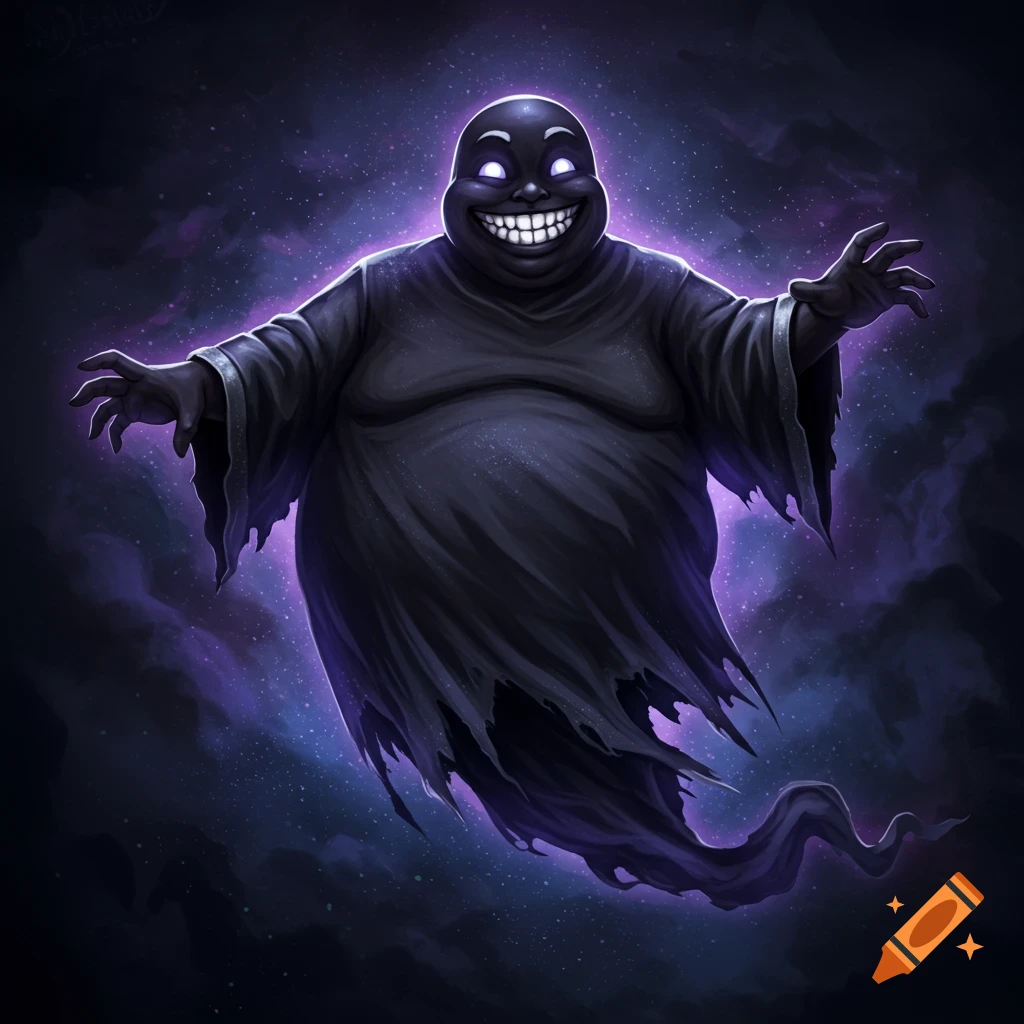 A spooky, dark, smiling phantom ghost floating in a purple cosmic cloud.