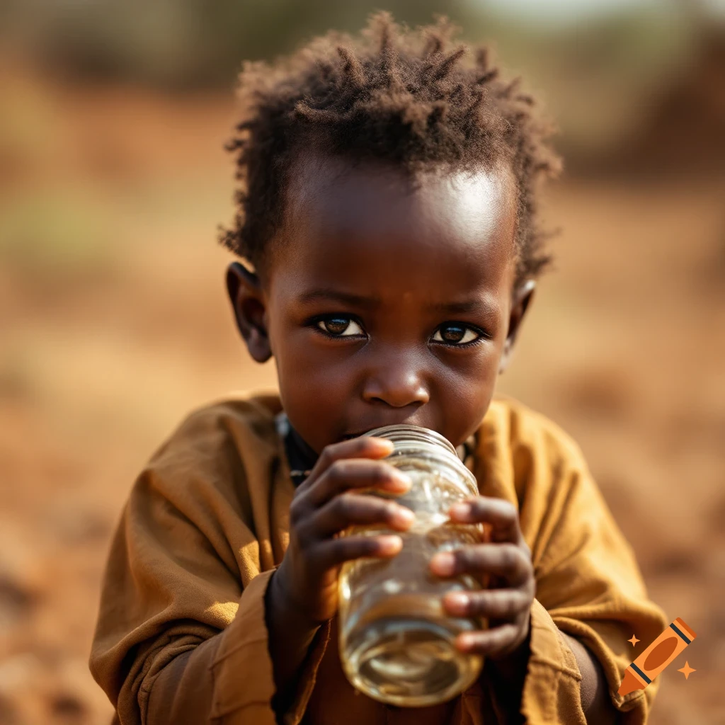 Portrait of a young African child drinking water from a glass jar.