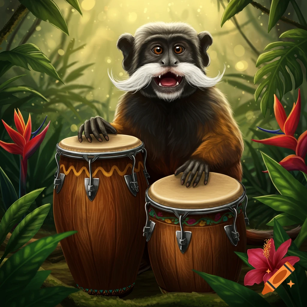 An emperor tamarin with a mustache is playing conga drums in a jungle.
