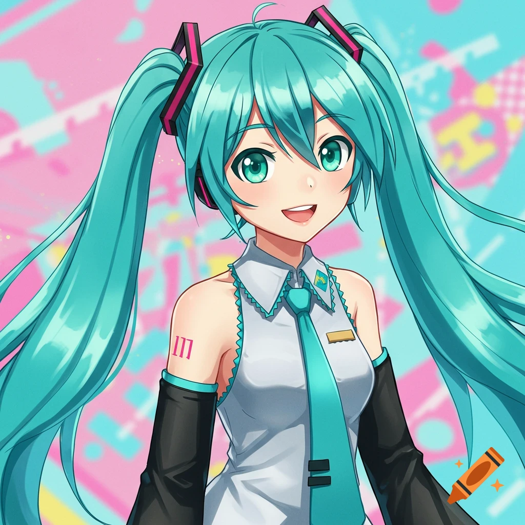 An anime portrait of Hatsune Miku with teal twin-tails wearing her signature outfit.