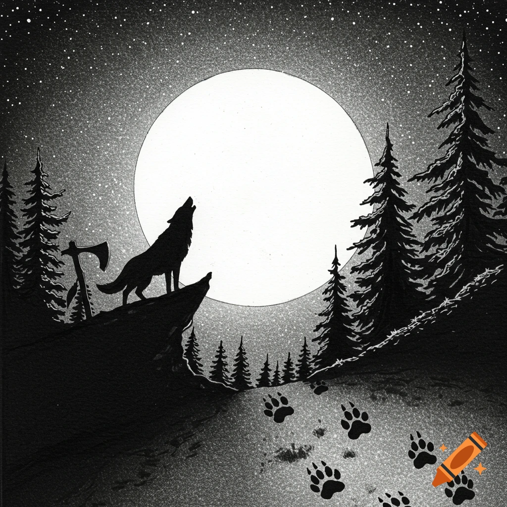 A black and white ink silhouette of a wolf howling on a rocky ridge under a full moon, with pine trees, an axe, and paw prints.