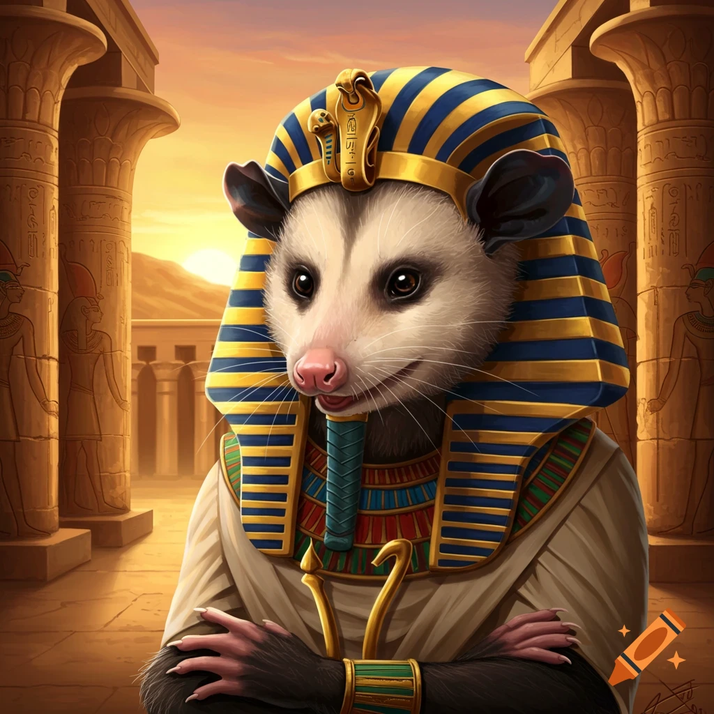 An opossum dressed as an Egyptian pharaoh in a temple.