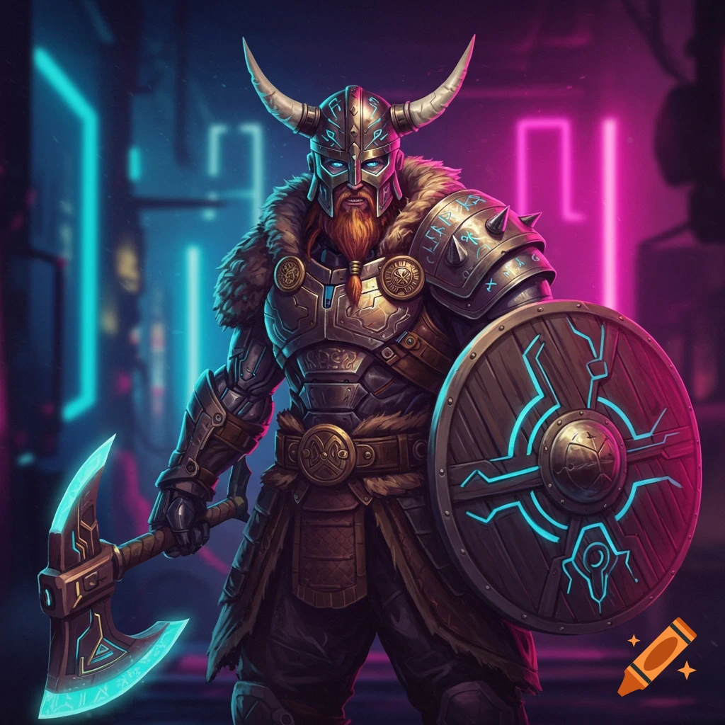 A Viking warrior in futuristic armor holds a glowing axe and shield in a neon cyberpunk city.