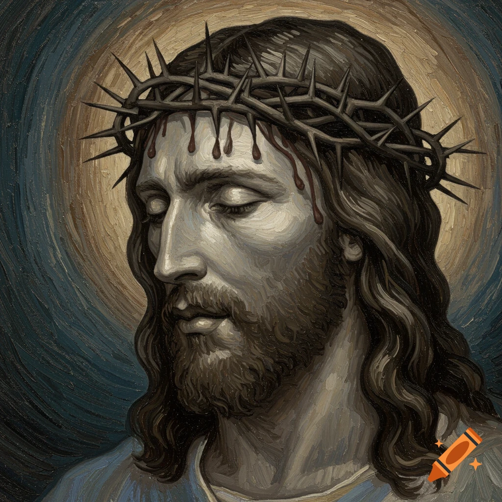Painting of Jesus in profile with closed eyes and crown of thorns, blood dripping, religious art style.