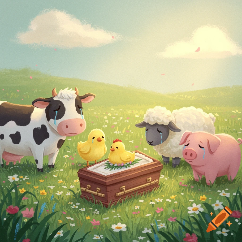 Cartoon farm animals mourn a baby chicken in a small coffin in a grassy meadow in a soft style.