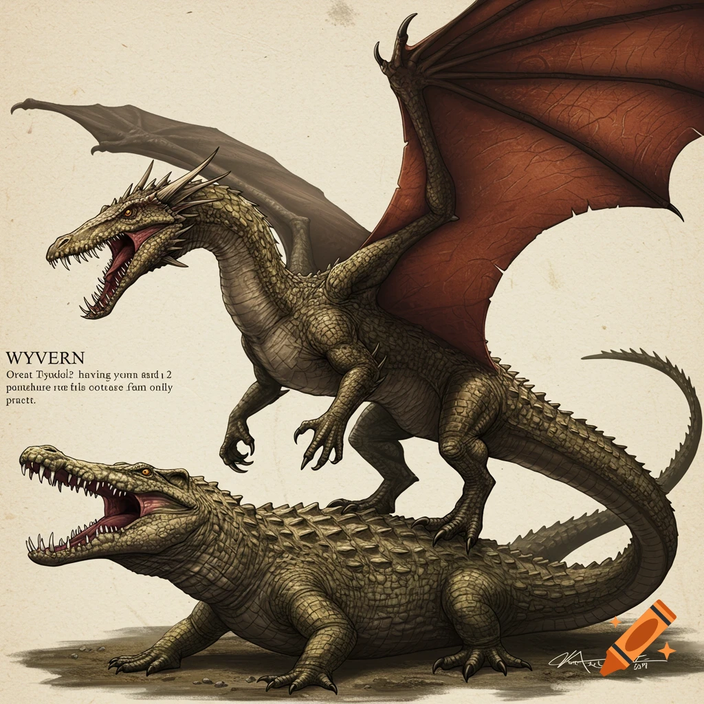 Illustration of a wyvern standing on the back of a crocodile.