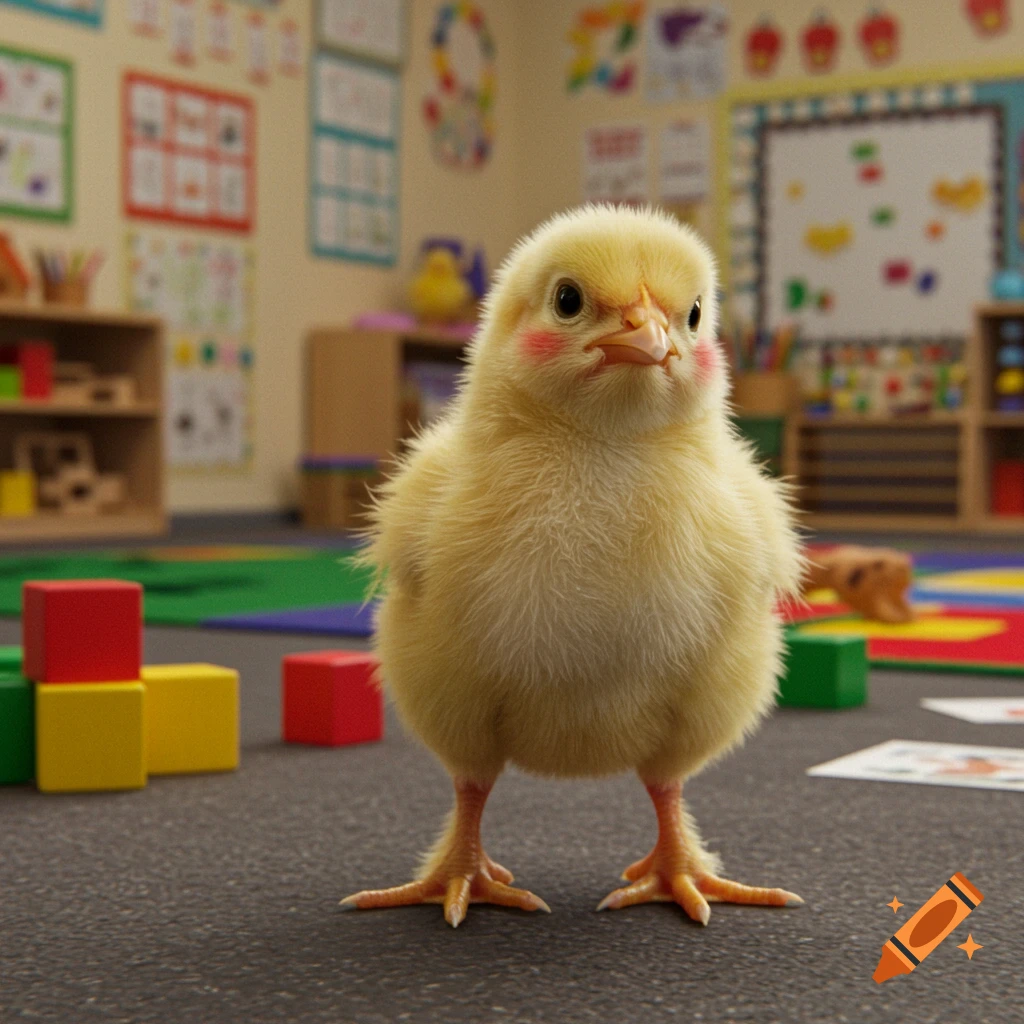 A fluffy yellow baby chick stands in a colorful classroom surrounded by toys and artwork.