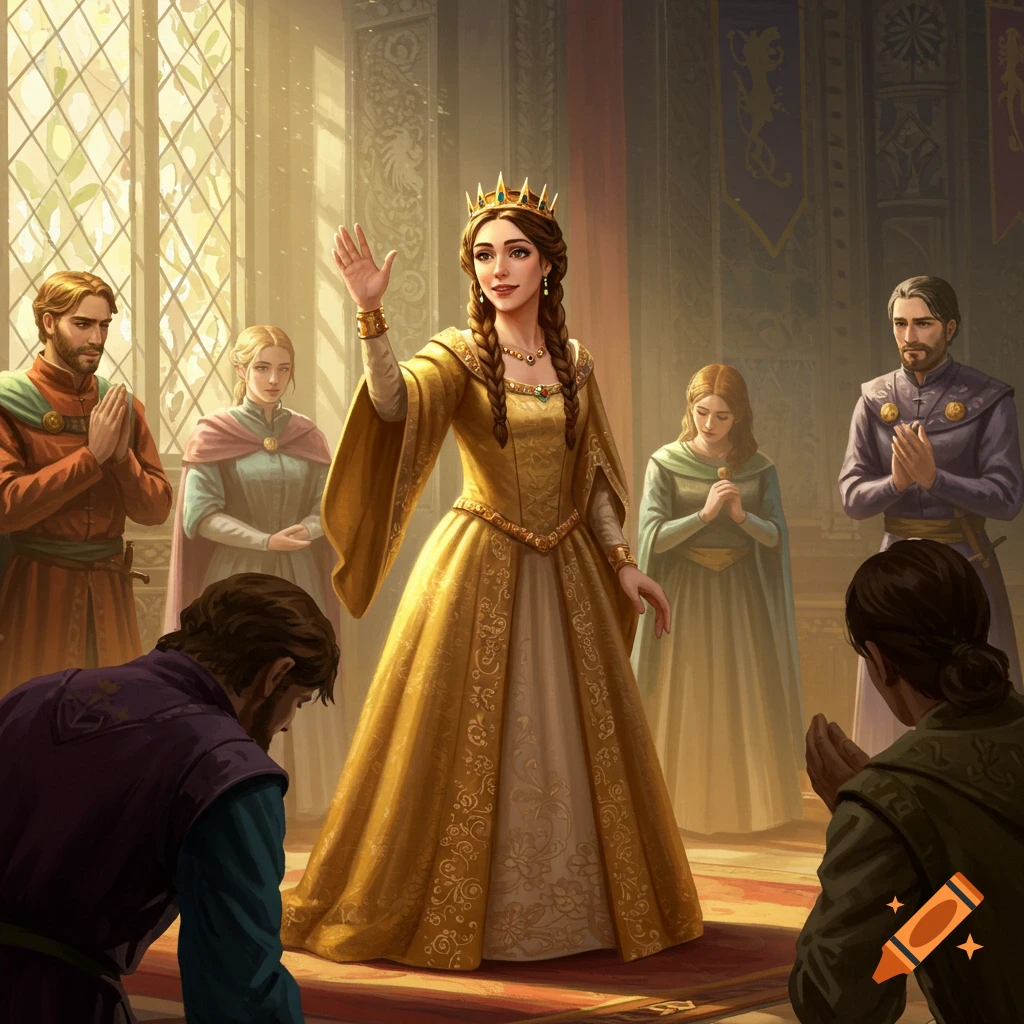 A queen in a golden dress waving to her court in a grand hall.